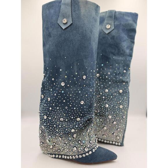 Azalea wang Shoes - AZALEA WANG Denim studded rhinestone cowboy western bling Boots Sz. 8.5
